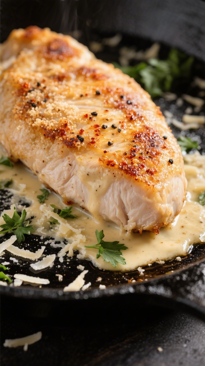 Close-up detail: Golden pan-seared chicken cutlet just out of the skillet, showing a crisp, lightly 
