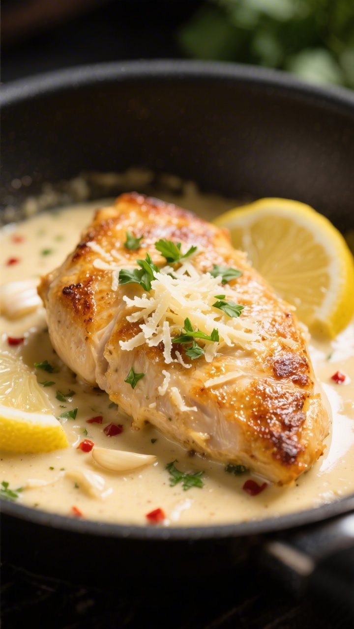 Close-up detail: Golden pan-seared chicken cutlets just returned to a skillet of creamy Parmesan sau