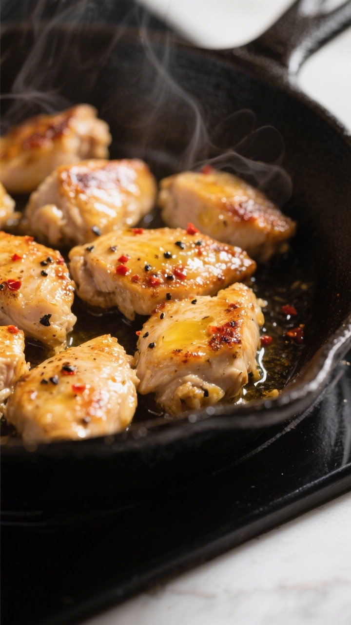 Close-up detail: Golden seared chicken bites in a skillet, glistening with butter and flecked with b