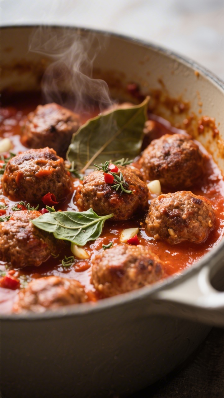Close-up detail: Golf-ball-sized browned meatballs simmering in a glossy, thickened garlicky tomato