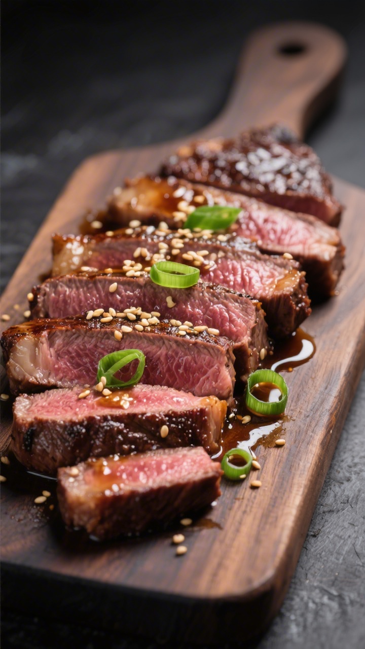 Close-up detail: Juicy medium-rare steak slices just after resting, thinly sliced against the grain