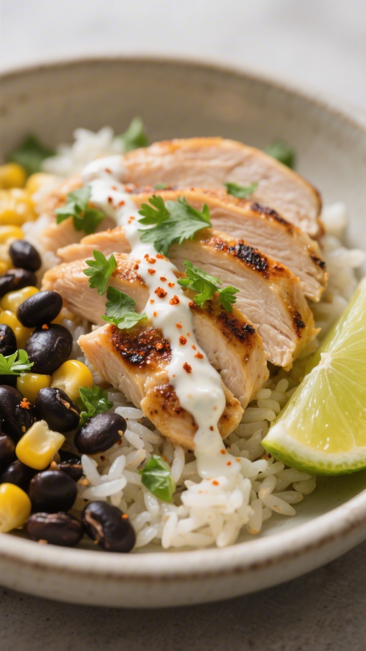 Close-up detail: Juicy slices of cooked chicken fanned over cilantro-lime rice, with glossy black be