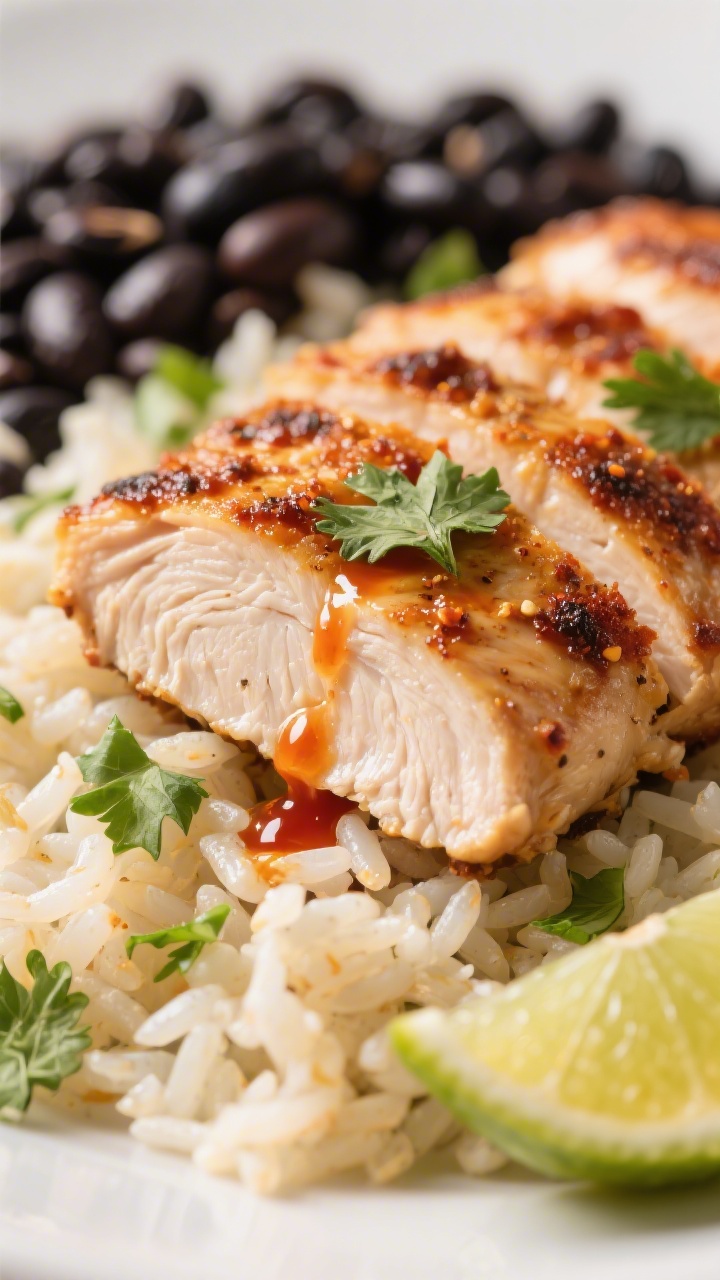 Close-up detail: Macro shot of sliced chicken thigh resting on cilantro-lime rice, showcasing the ca
