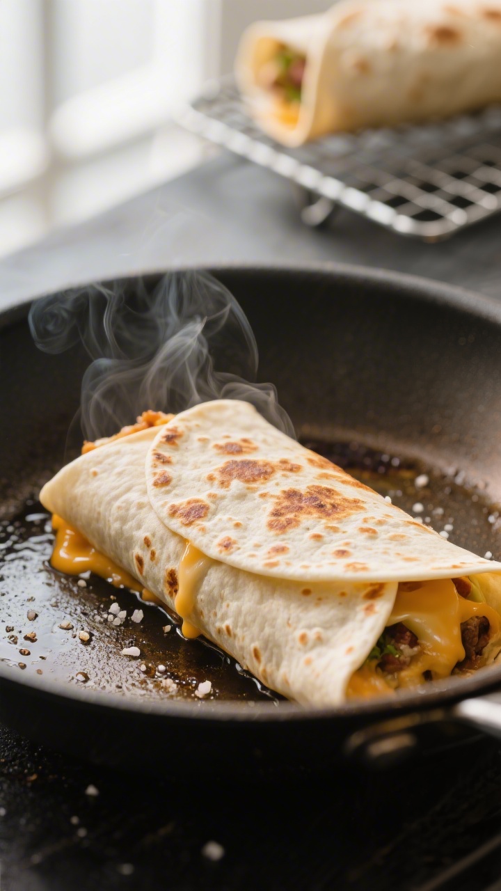 Close-up detail: Macro shot of the burrito seam-side down in a lightly oiled skillet, toasting; ultr