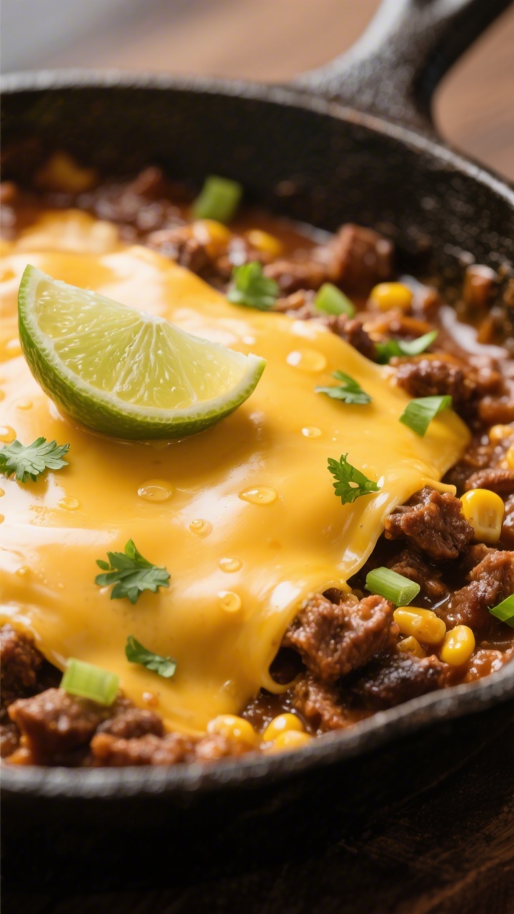 Close-up detail: Melted cheddar and Monterey Jack blanket over the thickened taco mixture in-skillet