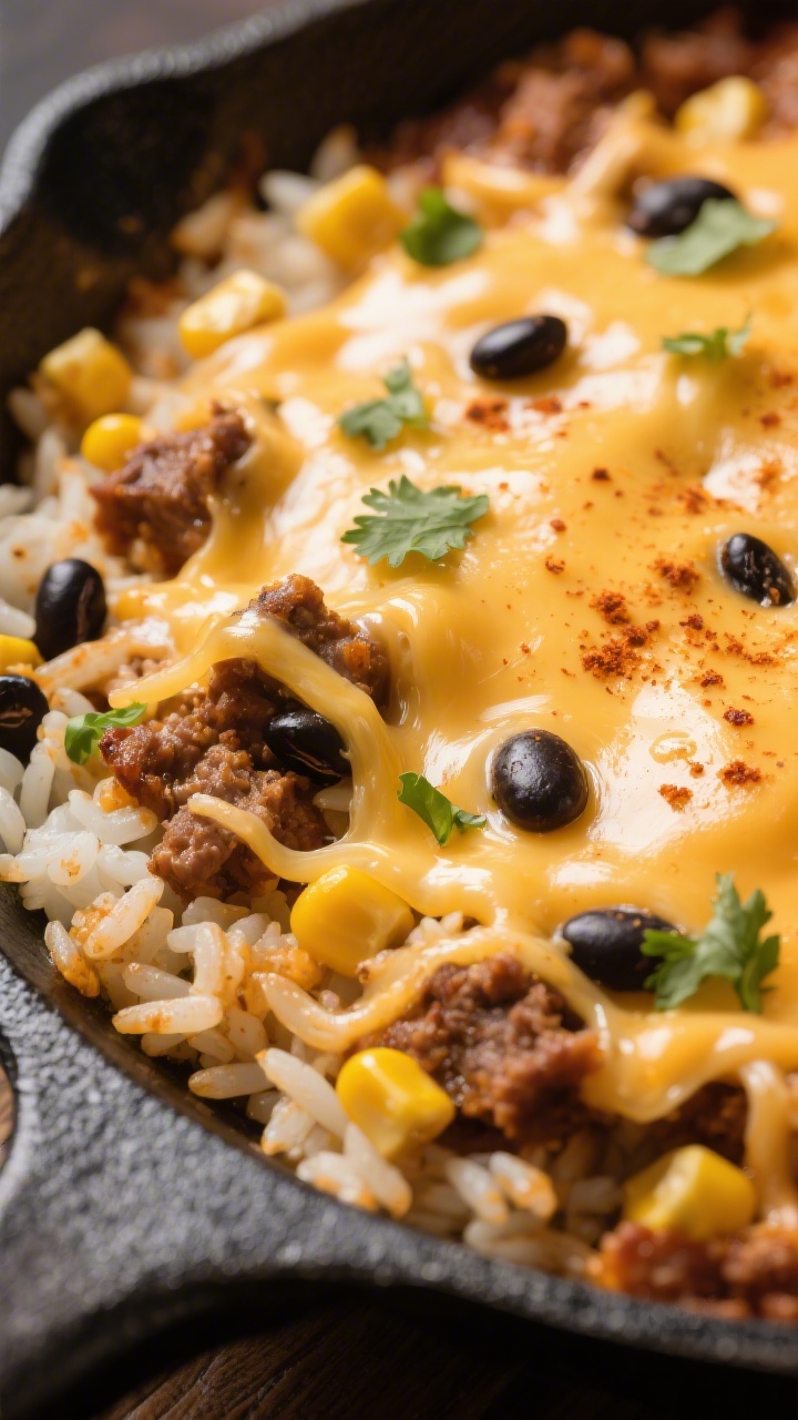 Close-up detail — Melty cheese finish: Extreme close-up of the skillet surface where shredded Mexi
