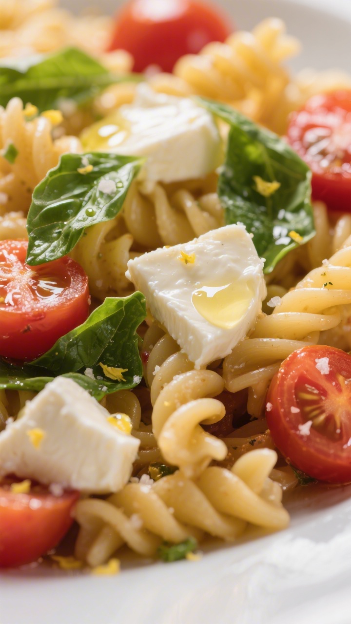 Close-up detail — Melty mozzarella moments: Ultra close-up of warm Caprese pasta with bite-size pi