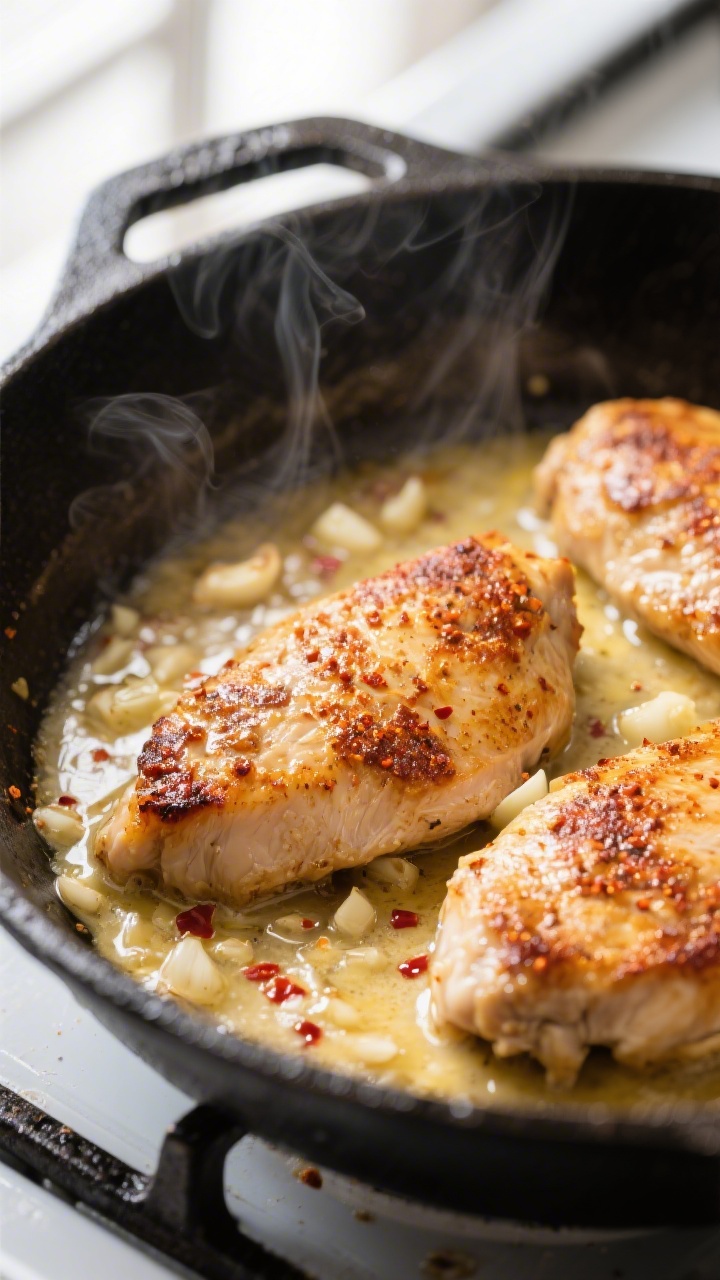 Close-up detail of golden seared chicken cutlets in a skillet, edges deeply caramelized with a crisp