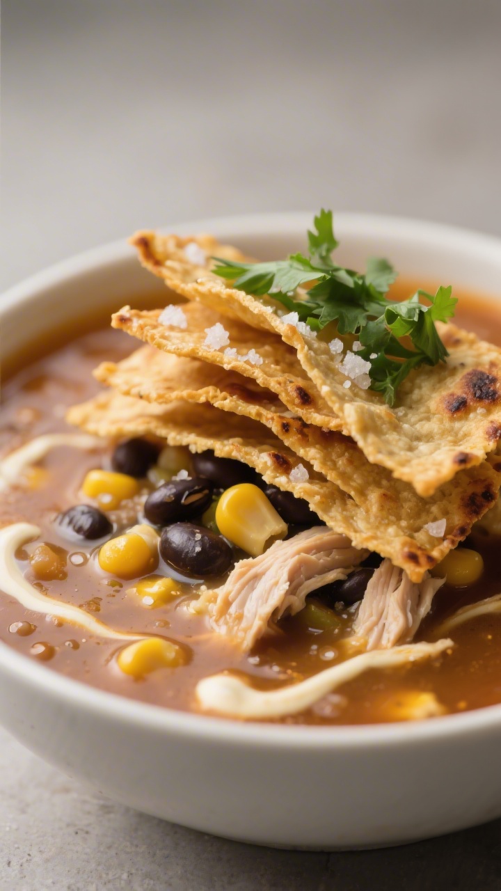 Close-up detail of toppings and texture: Macro shot of crispy tortilla strips stacked over the soup,