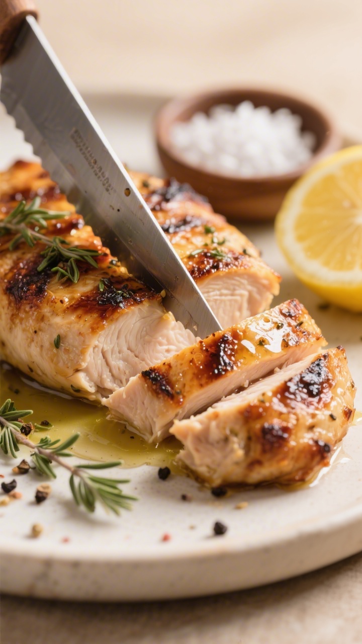 Close-up detail: Rested grilled chicken being sliced, juicy center and caramelized edges in focus, b