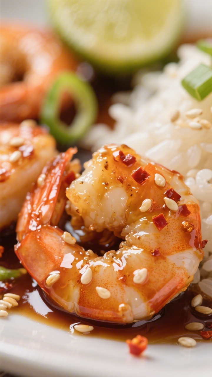 Close-up detail, saucy finish: Tight macro of shrimp coated in thickened soy-lime-honey sauce, micro