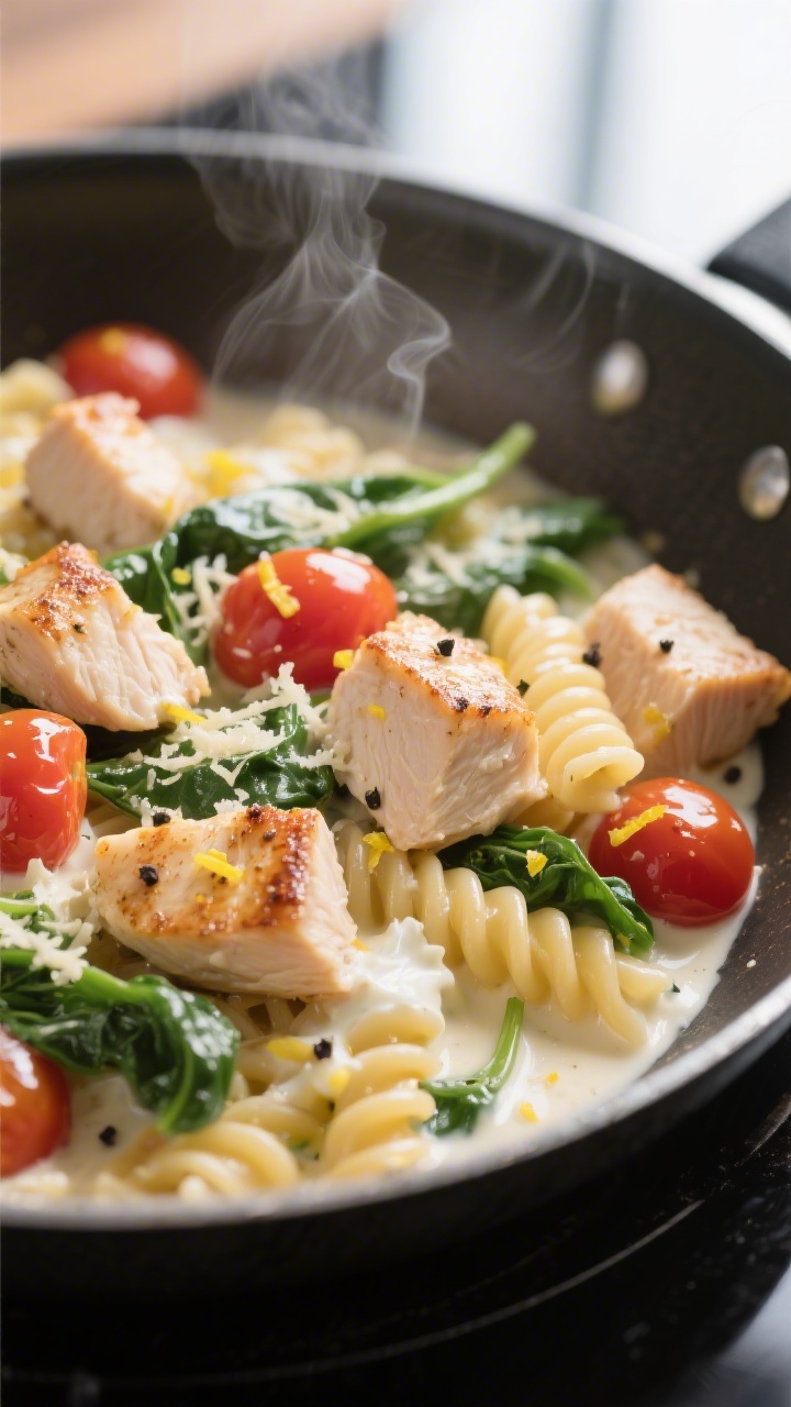 Close-up detail: Seared bite-size chicken breast pieces tossed back into the creamy Greek yogurt-Par