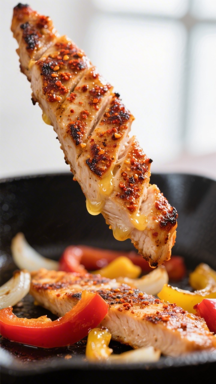 Close-up detail: Seared Cajun chicken strips just off the pan, glistening with butter and spice crus