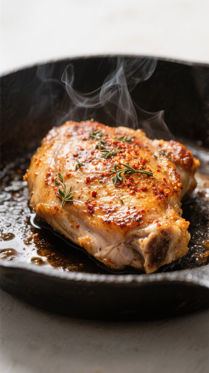 Close-up detail: Searing bone-in, skin-on chicken thighs in a heavy skillet, skin-side down, deeply 