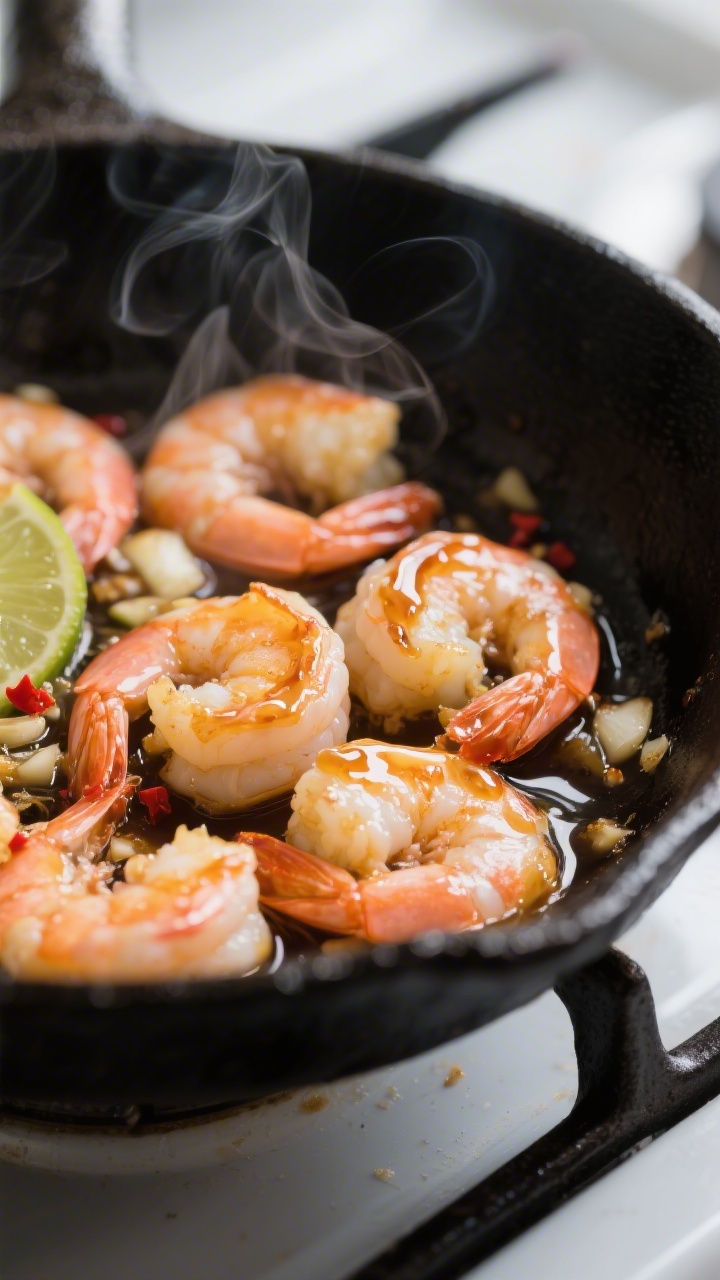 Close-up detail: Searing honey garlic shrimp in a hot skillet, shrimp just turned pink with light go