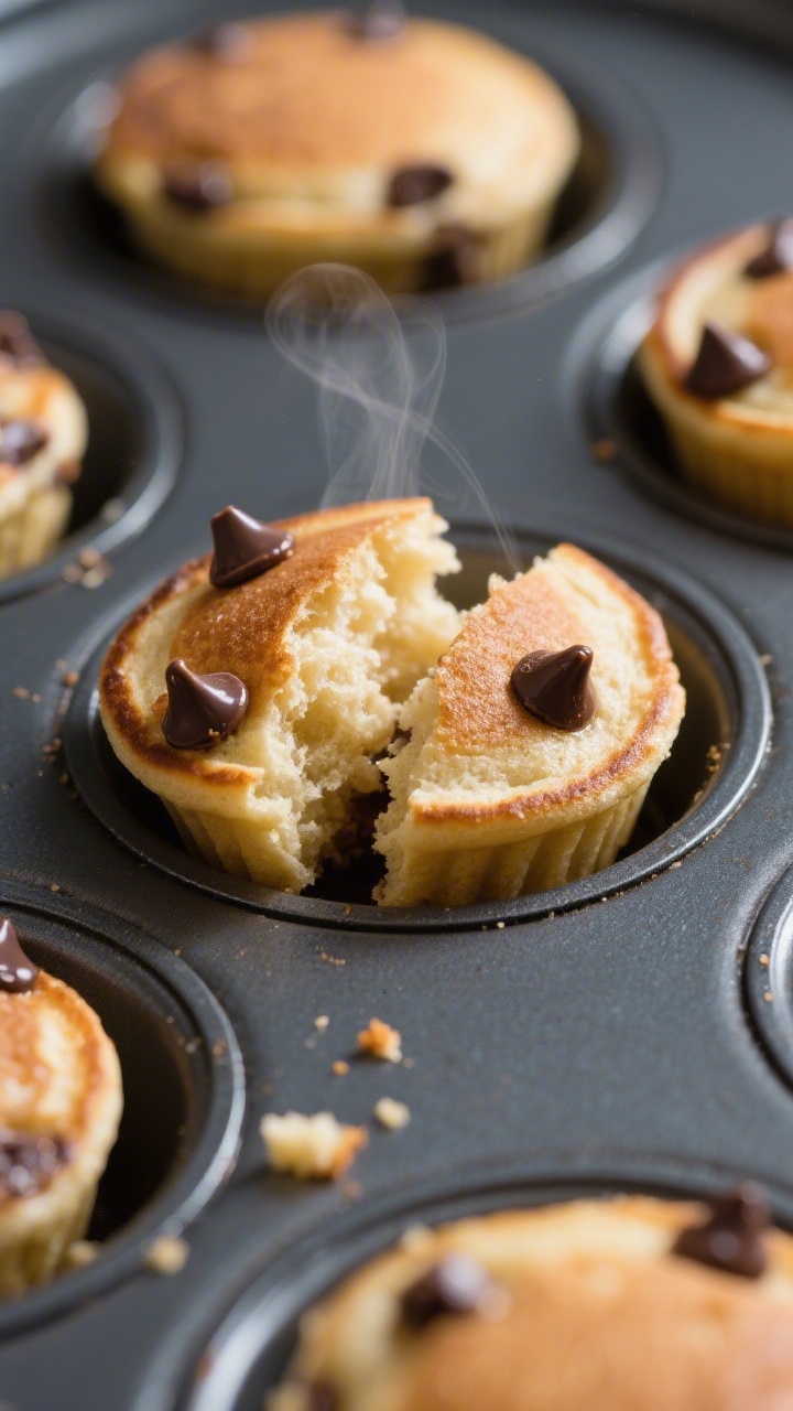 Close-up detail shot: freshly baked chocolate chip pancake bites just out of a mini muffin pan, ligh