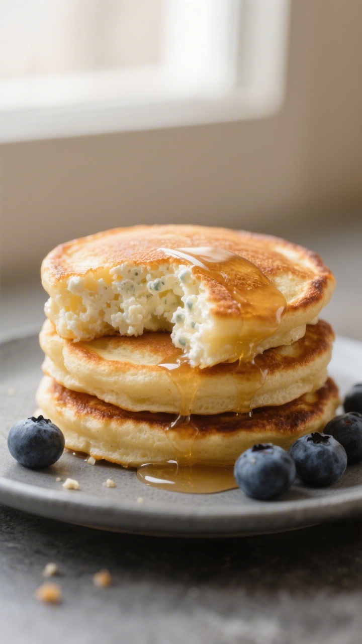 Close-up detail shot of a stack of golden-brown cottage cheese pancakes just off the griddle, showin