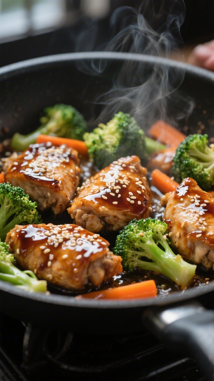Close-up detail shot of glossy teriyaki chicken and crisp-tender broccoli sizzling in a skillet duri