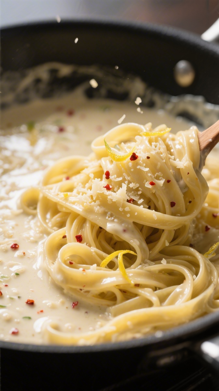Close-up detail: Silky creamy garlic sauce clinging to just-cooked fettuccine as it’s being tossed