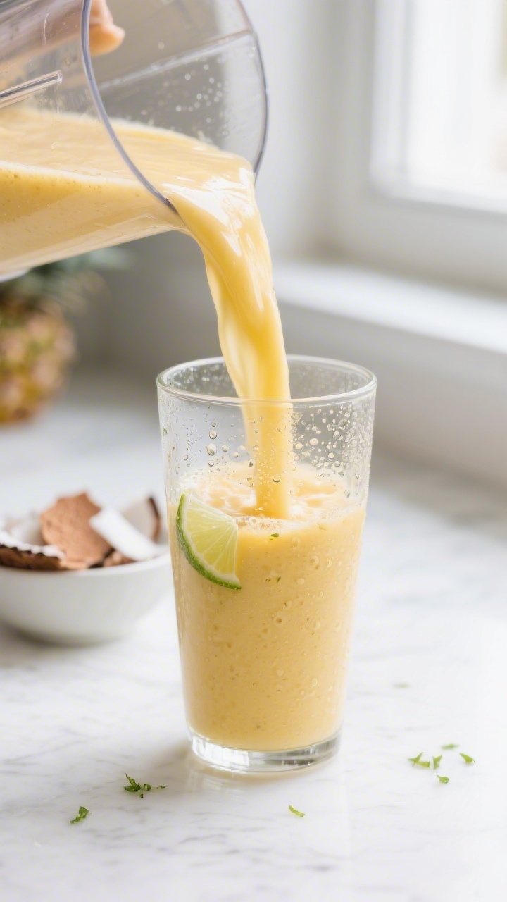 Close-up detail: Silky pineapple mango smoothie mid-pour from a blender into a chilled clear glass, 