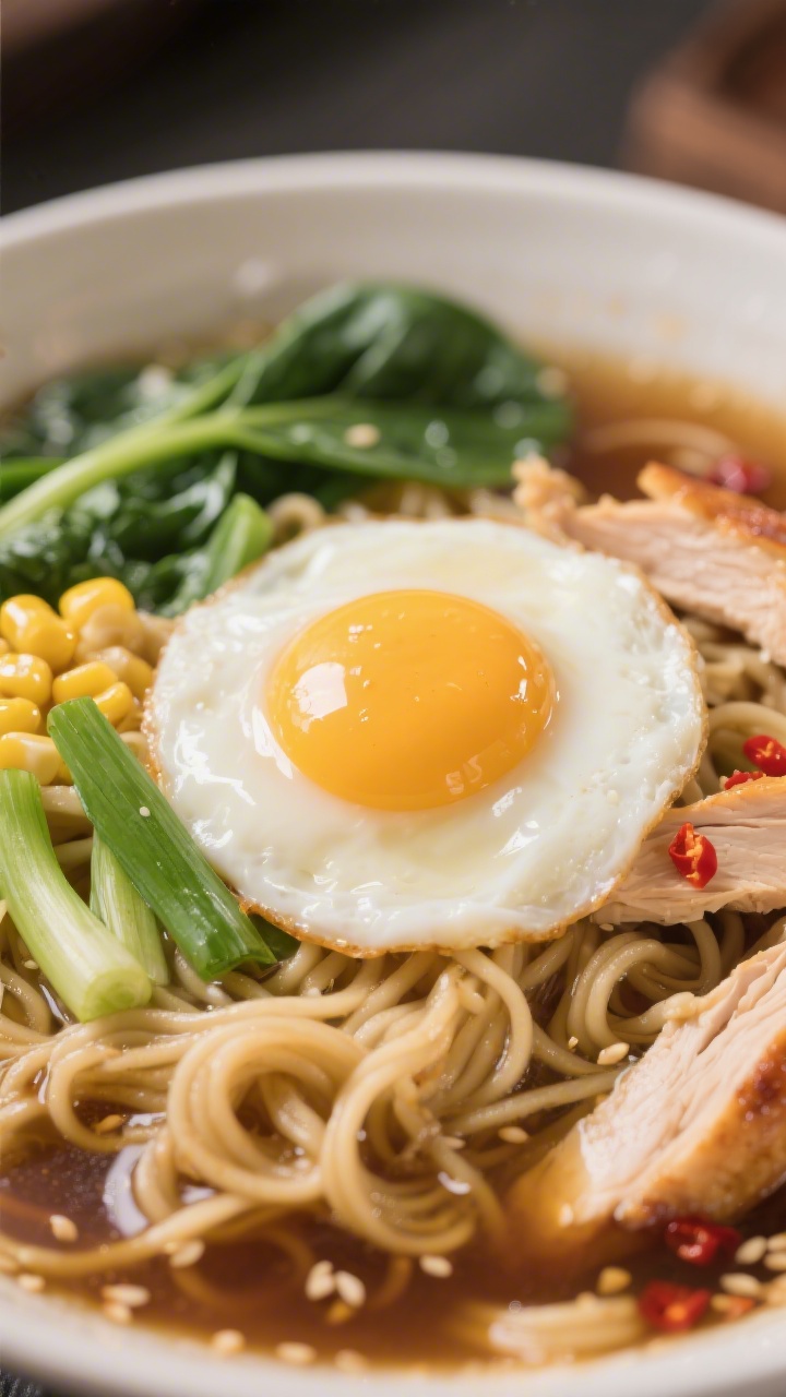 Close-up detail: Silky poached egg nestled among tender ramen noodles and shredded rotisserie chicke