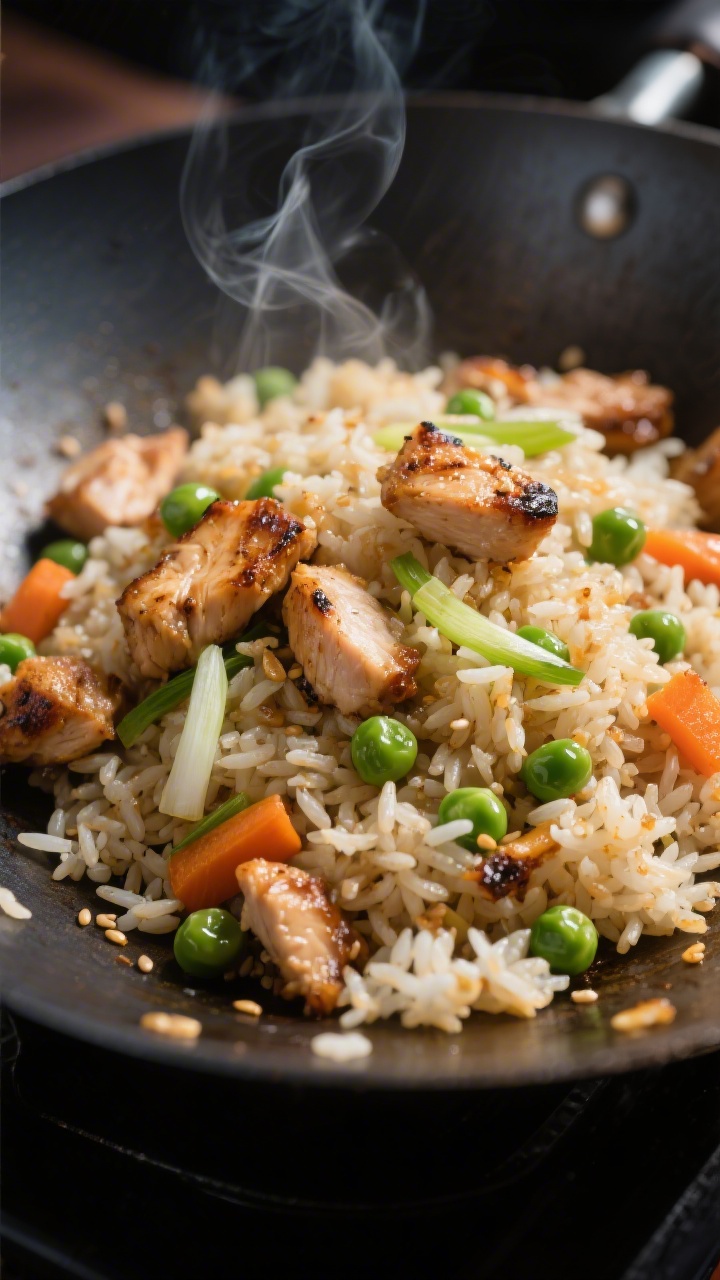 Close-up detail: sizzling chicken fried rice pressed against a hot wok, showing lightly charred, sep
