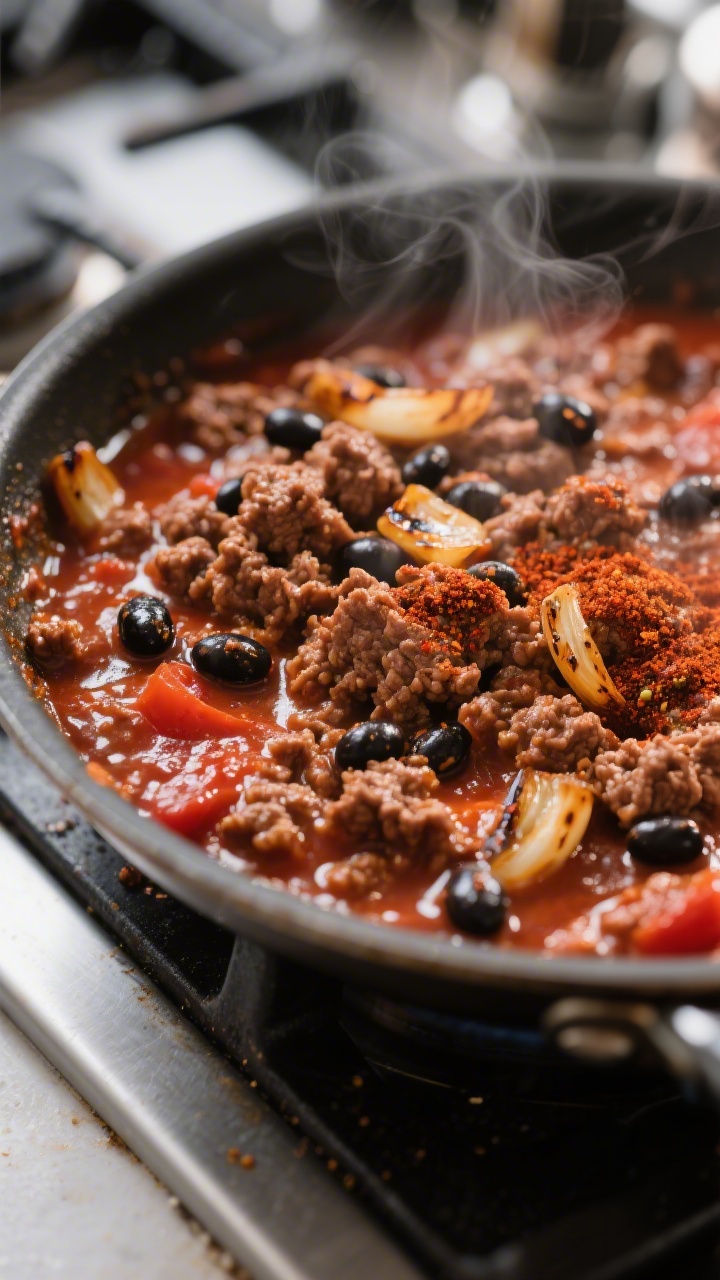 Close-up detail: Sizzling seasoned ground beef and black beans simmering in a skillet, thick and sau