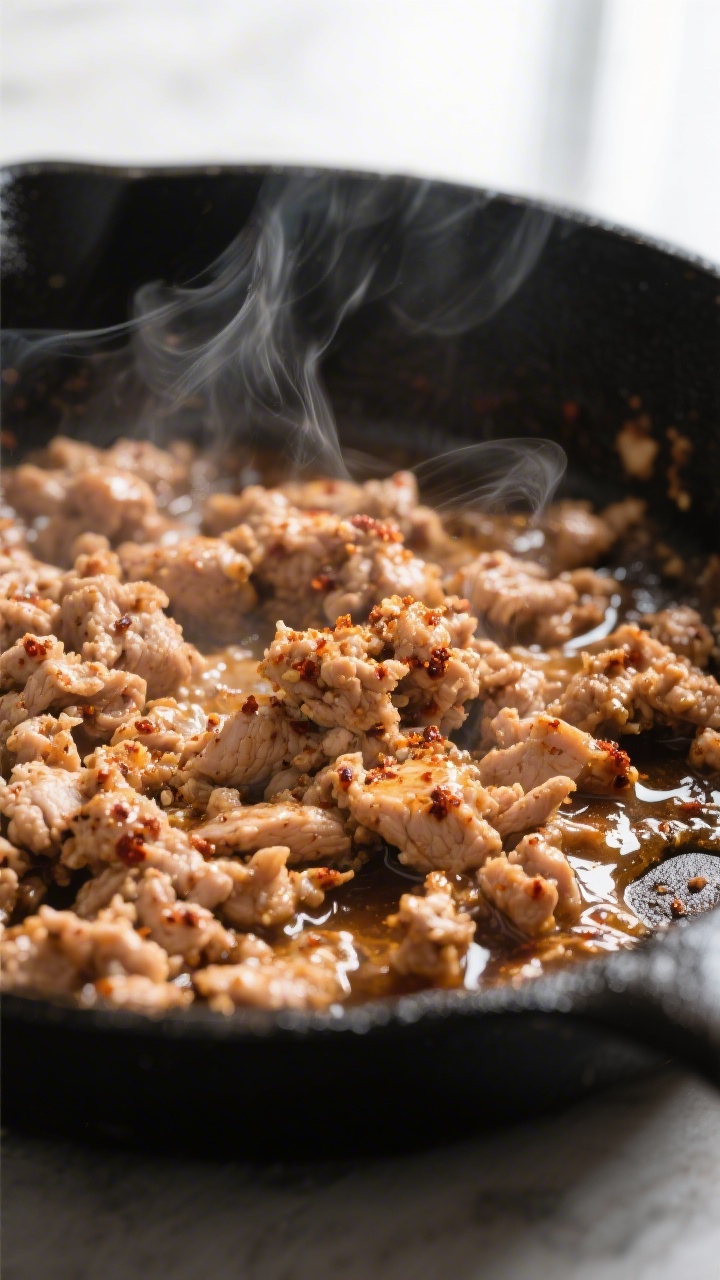 Close-up detail: Sizzling seasoned ground turkey browning in a large skillet, craggy caramelized edg