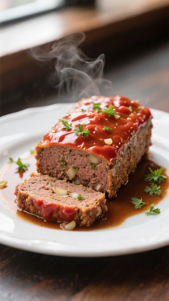 Close-up detail: Sliced classic meatloaf with glossy ketchup–tomato paste glaze caramelized on top