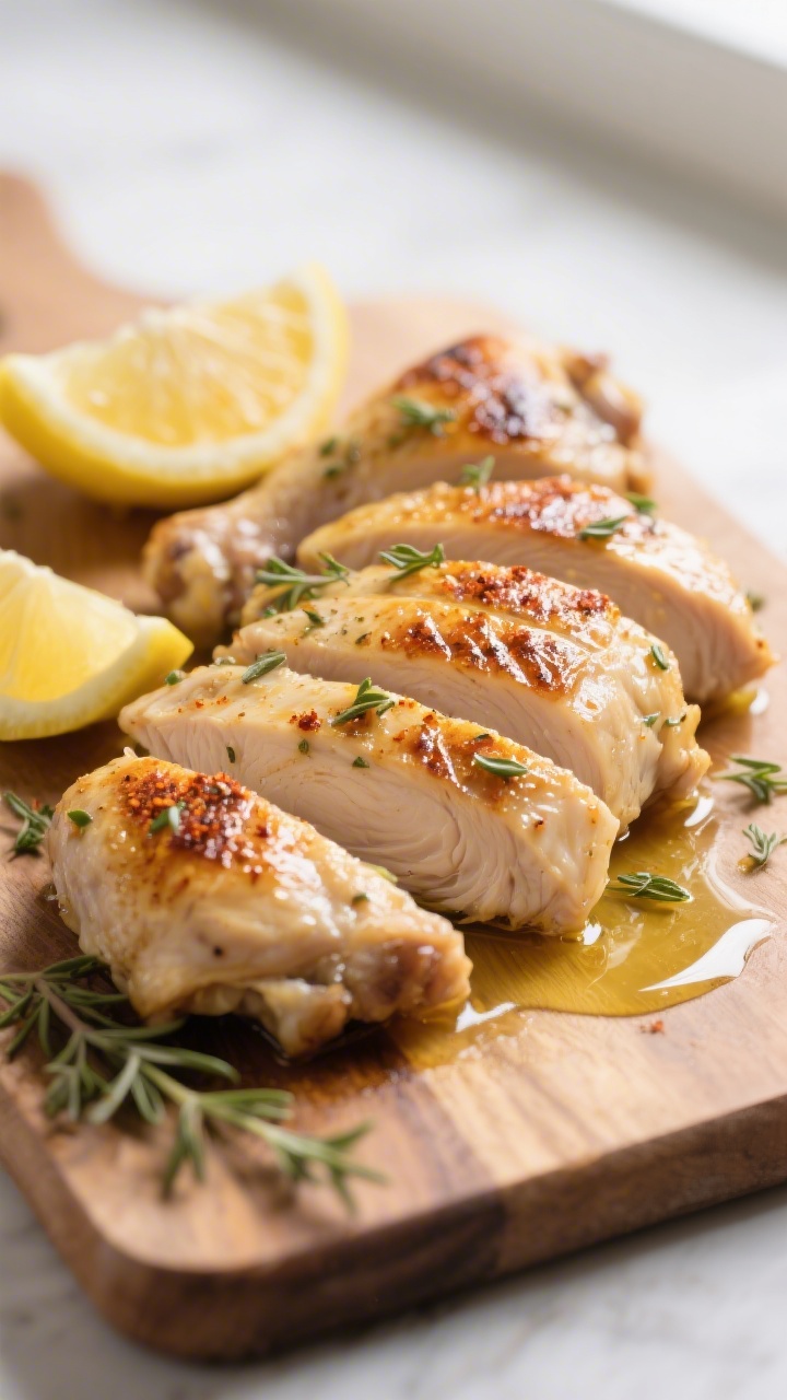 Close-up detail: Sliced lemon-garlic chicken thighs just rested and fanned on a cutting board, glist