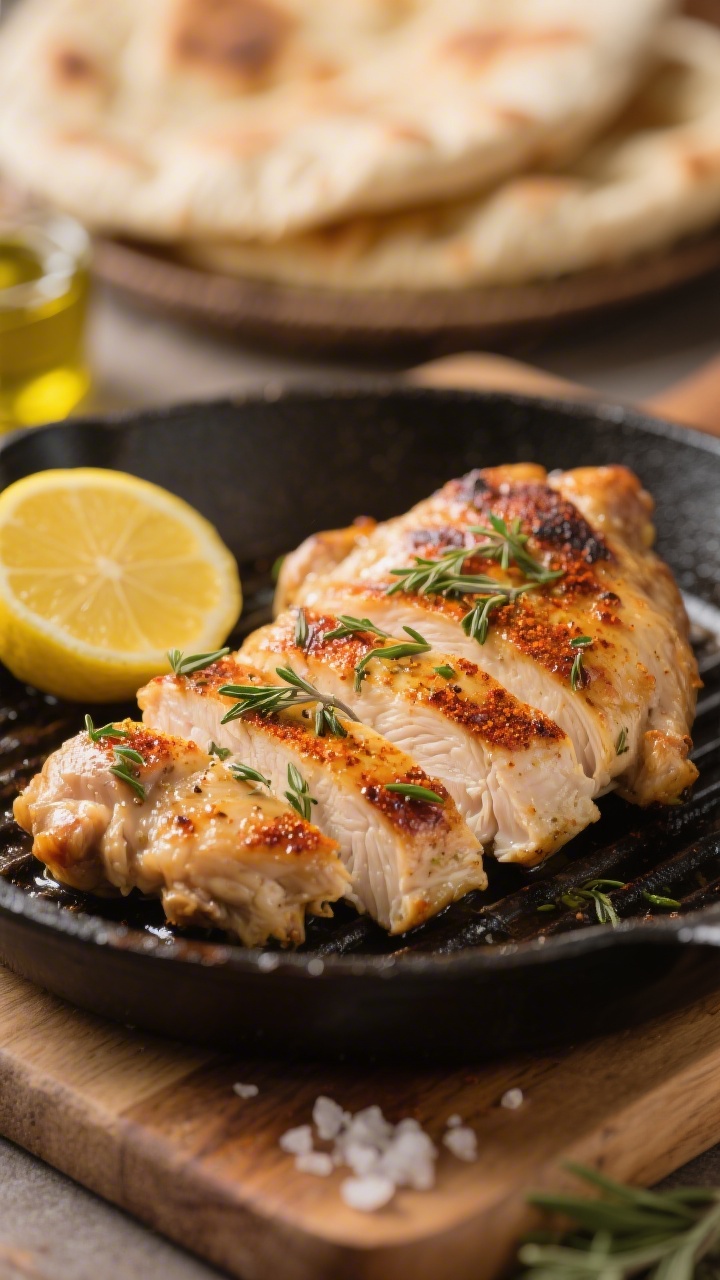 Close-up detail: Sliced lemon-herb chicken thighs fresh off a grill pan, showing caramelized edges,