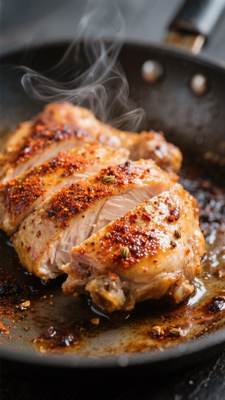 Close-up detail: Sliced, spice-rubbed chicken thighs just after searing, glistening juices and deep