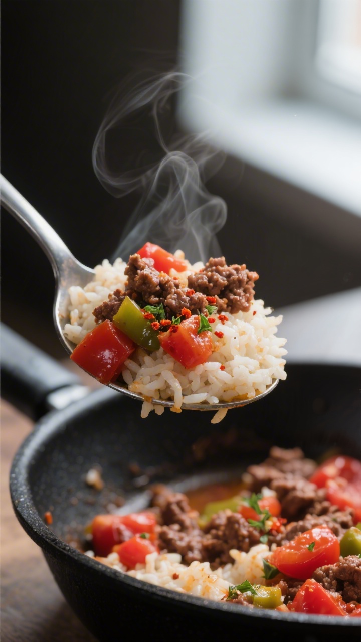 Close-up detail: Spoonful of cooked ground beef and rice scooped from a skillet, showing fluffy long