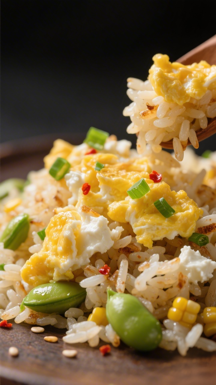 Close-up detail: Tender scrambled egg curds being folded back into the fried rice with creamy small-