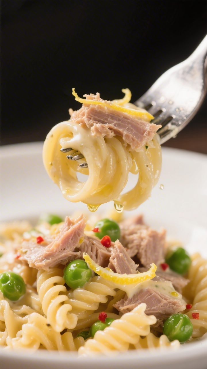 Close-up detail texture shot: Ultra-close macro of a fork twirl of creamy tuna pasta lifted from a b