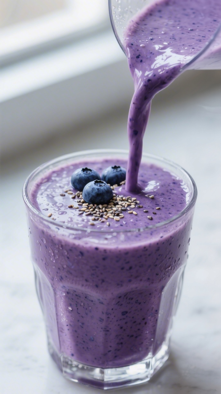 Close-up detail: Thick blueberry smoothie just after blending, pouring in a slow ribbon into a chill