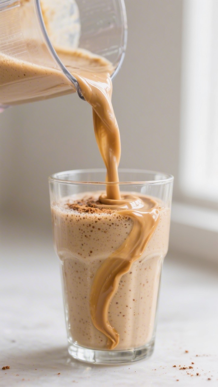 Close-up detail: Thick, creamy peanut butter banana protein smoothie being poured from a blender int