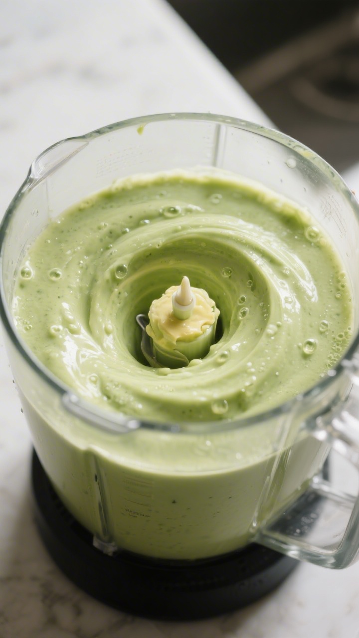 Close-up detail: Thick, velvety avocado smoothie mid-blend in a clear high-speed blender, silky pale