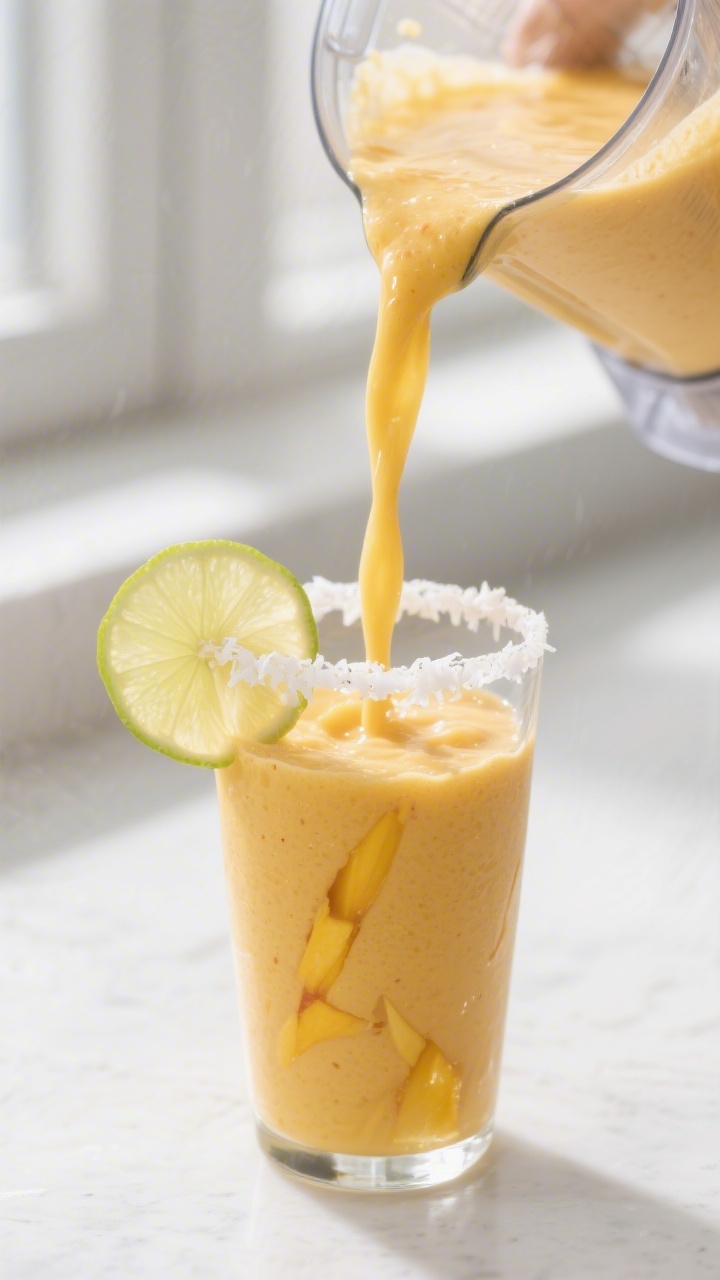 Close-up detail: Thick, velvety mango smoothie pouring in a slow ribbon from blender spout into a ch