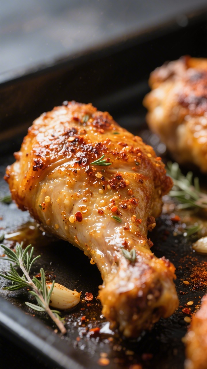 Close-up detail: Ultra-crispy baked chicken drumstick fresh from the oven with shatteringly crisp, b