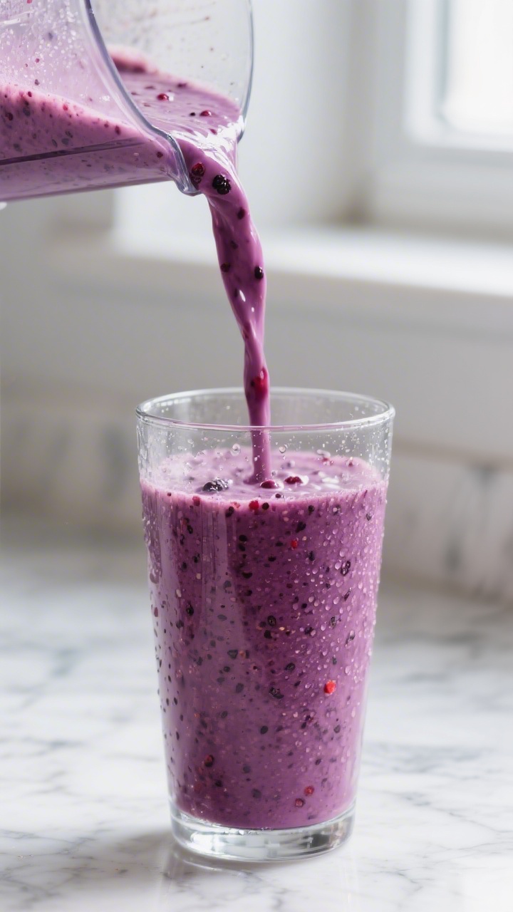Close-up detail: Ultra-thick, high-protein berry smoothie being poured from a blender into a tall cl