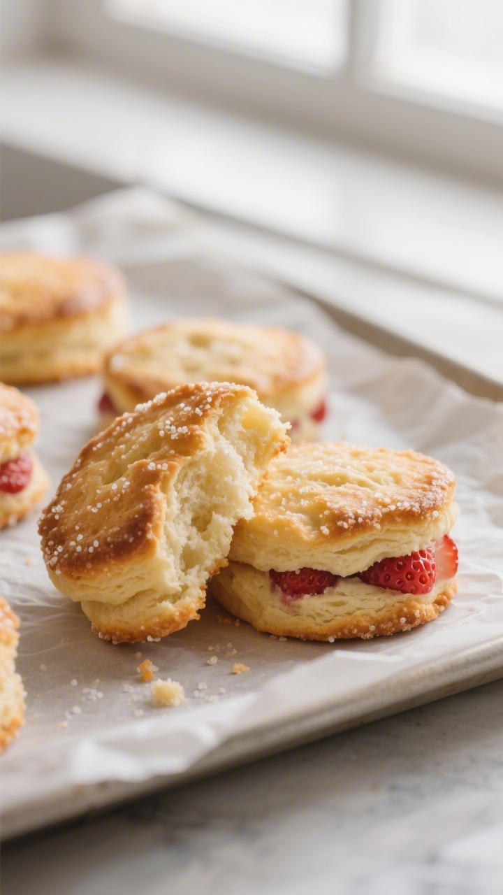 Close-up detail: Warm, freshly baked strawberry shortcake biscuits just out of the oven, golden edge