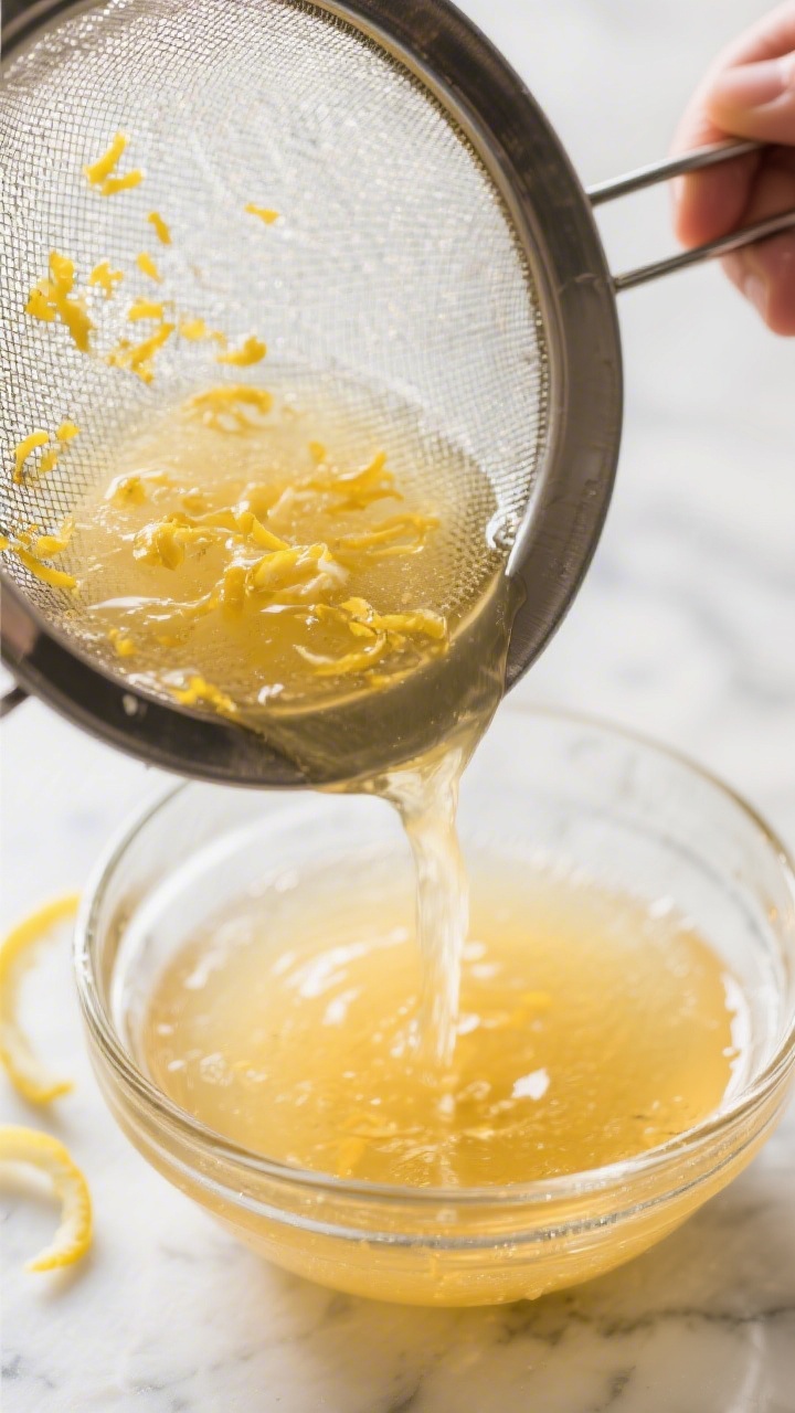 Close-up detail: Warm simple syrup infused with lemon zest being strained back into a clear glass bo