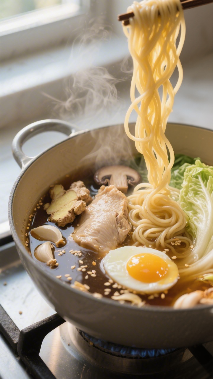 Cooking process: A medium pot of simmering chicken ramen broth with sautéed garlic and ginger bloom