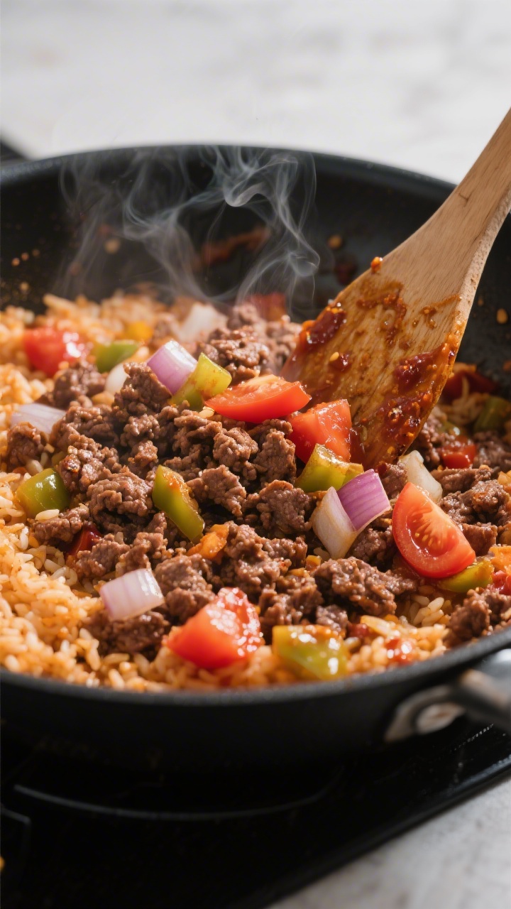 Cooking process: A sizzling one-pan taco rice in a large black skillet on the stovetop, close-up of