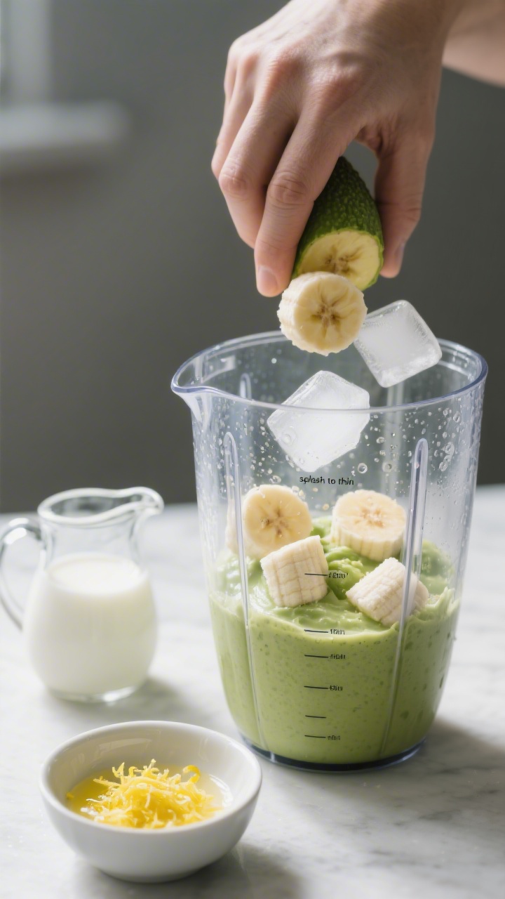 Cooking process: Adjusting texture moment—ice cubes and a few chunks of frozen banana just added t