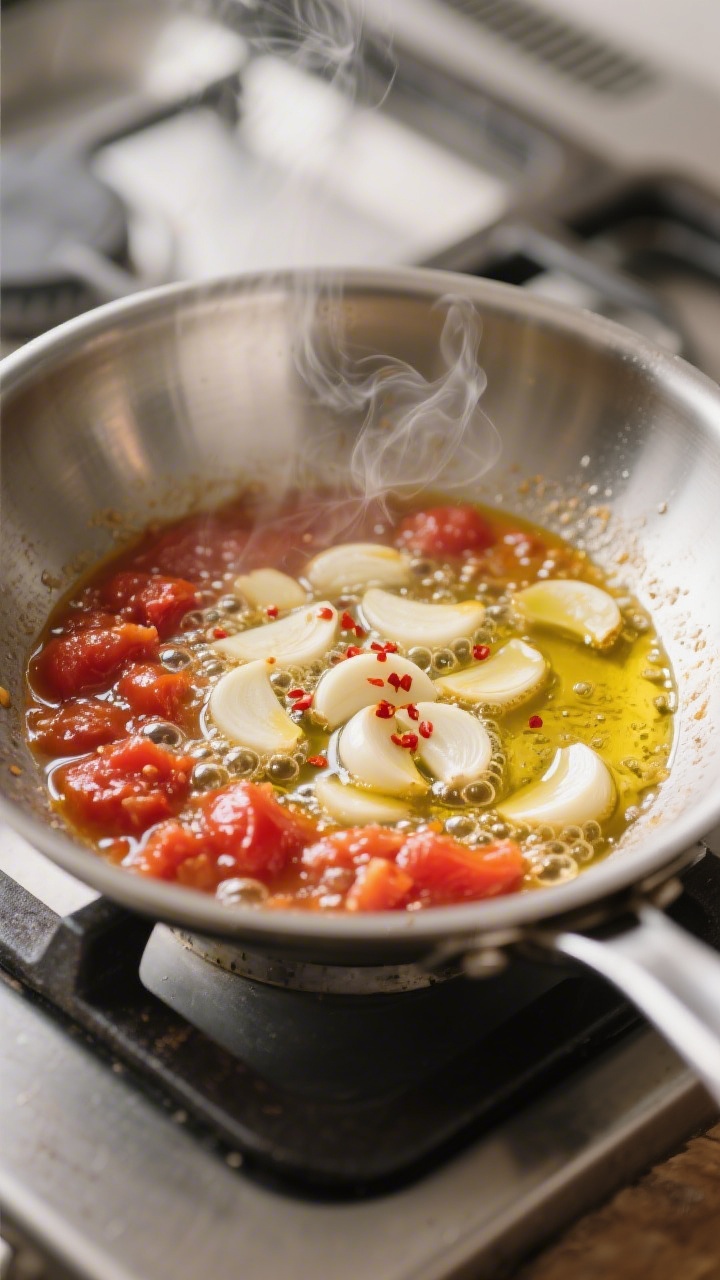 Cooking process: Aromatic stage in a stainless skillet—thinly sliced garlic just turning pale gold
