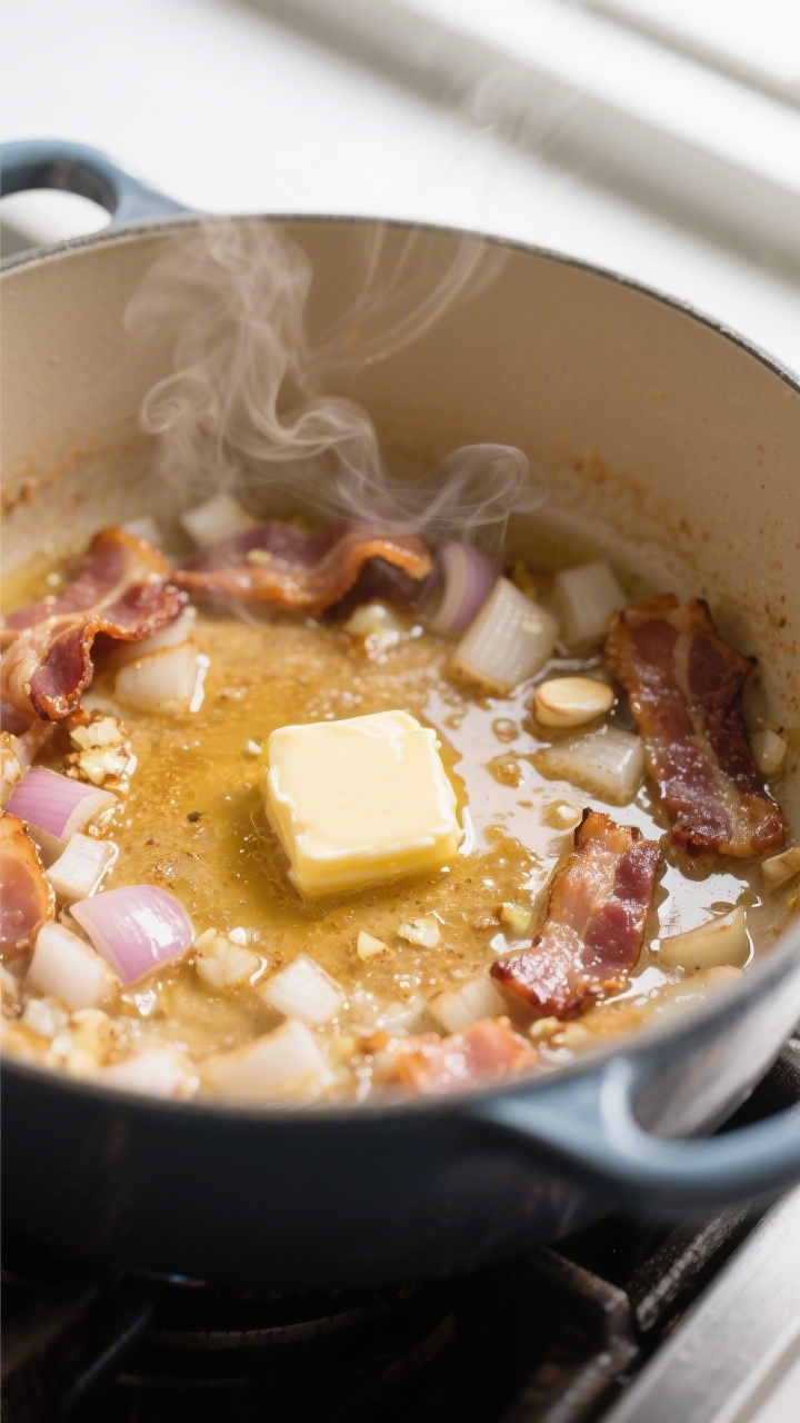 Cooking process — bacon-rendered base: Close-up of diced onions and minced garlic sautéing in shi