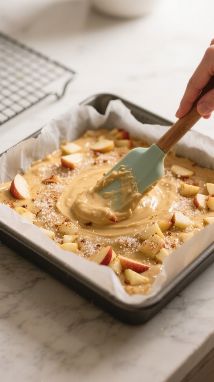 Cooking process: Batter being smoothed into a parchment-lined 8x8-inch pan with a spatula, visibly t