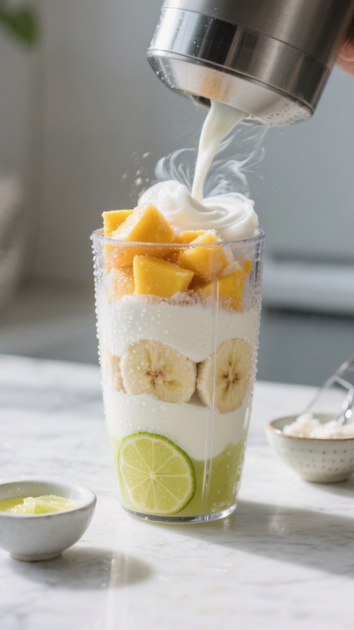 Cooking process: Blender jar filled in smart layers—coconut milk and fresh lime juice at the botto